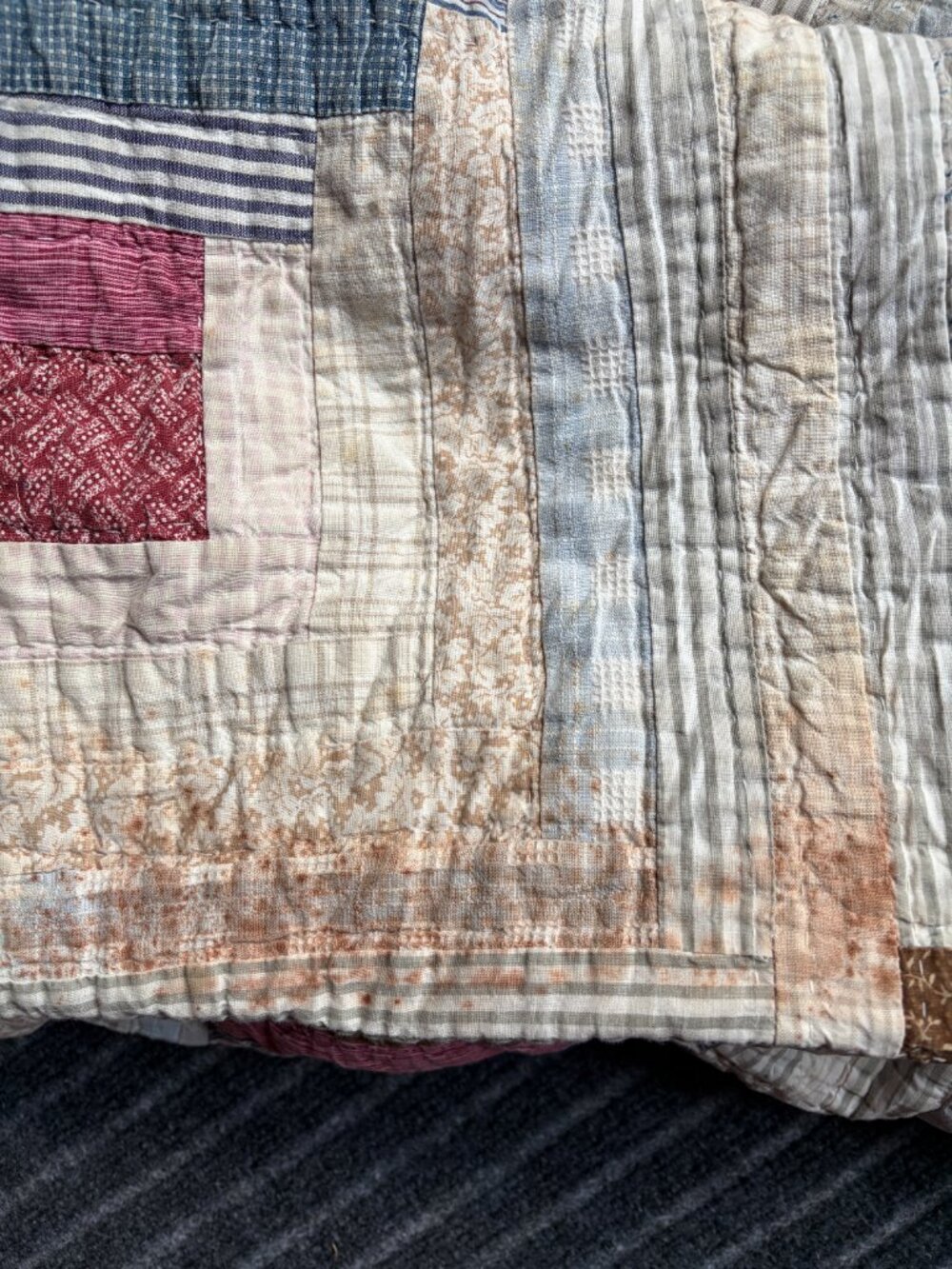 Log Cabin Quilt 85" x 85" Pink Peach Blue Full to Queen Size - Picture 8 of 16